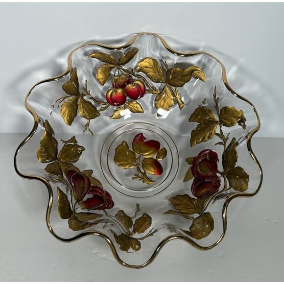 Vintage Glass Intaglio Fruit Bowl Goofus Glass Ruffled Gold Rim Red Fruit - Picture 1 of 14